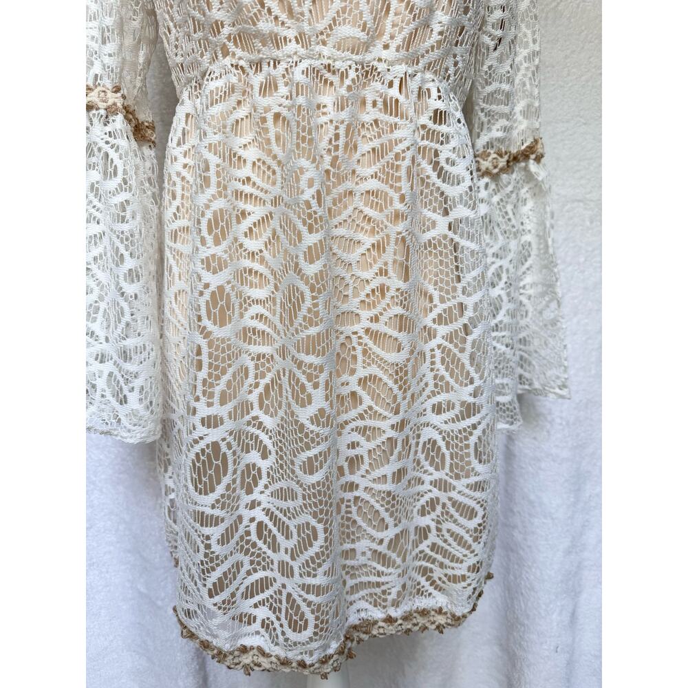 Basically me Cream Floral Lace Flared Sleeves Babydoll Mini Dress Women's M/L - Picture 5 of 12